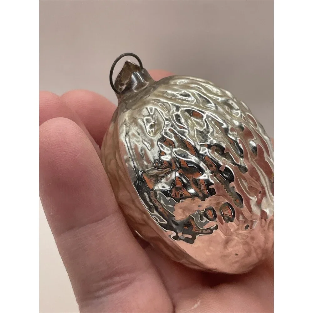 Vintage Glass Christmas Ornament Silver Acorn Textured Bumpy Holiday Tree